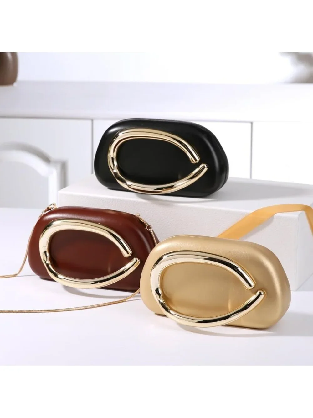 👜Women's Black Art Deco Clutch Gold-Tone Handle Evening Party Purse Bag